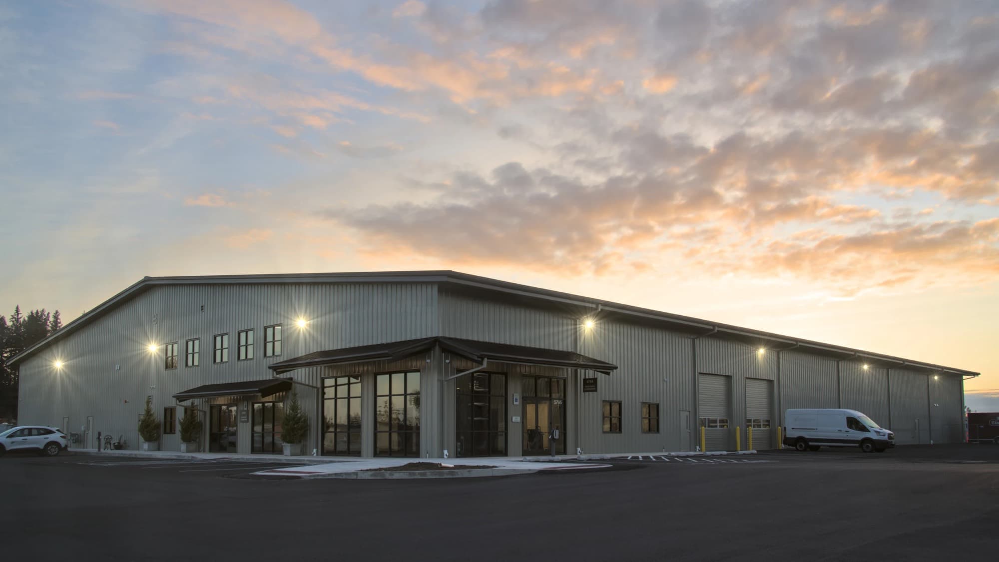 Commercial building managed by Double K at dusk